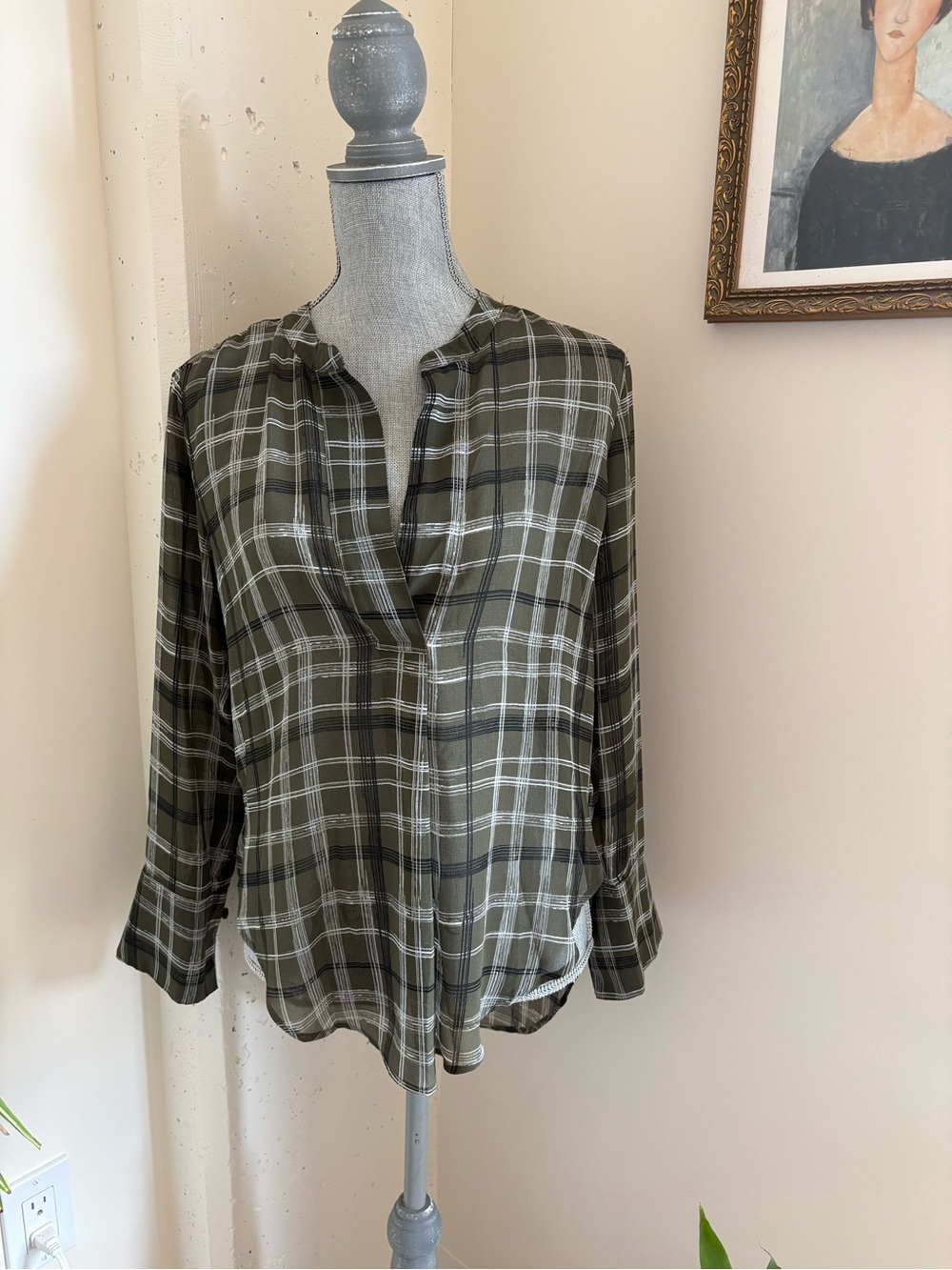 Olive Green Plaid Button-Front Blouse